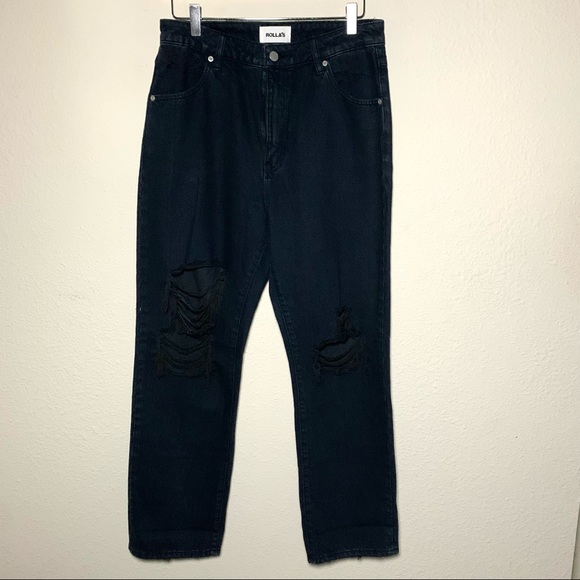 Rolla's Original Cropped High Rise Distressed Straight Leg Jeans Black 29 - Picture 2 of 8